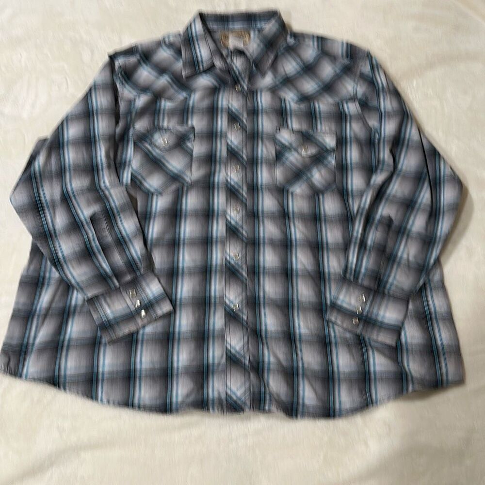 Wrangler 2XL black gray turquoise plaid pearl snap western shirt